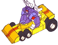 Transformers character Rumble is hijacking and riding a different character called Dragstrip who is in car vehicle mode.