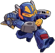 Chibi character art of Transformers Aramda character Blurr. He faces to the right running while holding a small jet with a happy look.