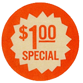 A circular sticker with a red border and a white center starburst. The red text in the center reads: $1.00 special.